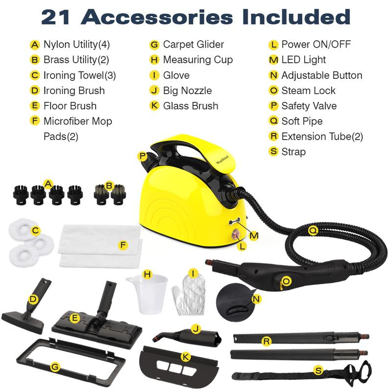 Steam Cleaner, Handheld Steamer with 21 Accessories, 248°F High-Temperature Steam for Floors, Grout, Tiles, Carpet, Cars - Portable 1.08L Tank, Child Lock, Chemical-Free Cleaning for Various Surfaces Household Items