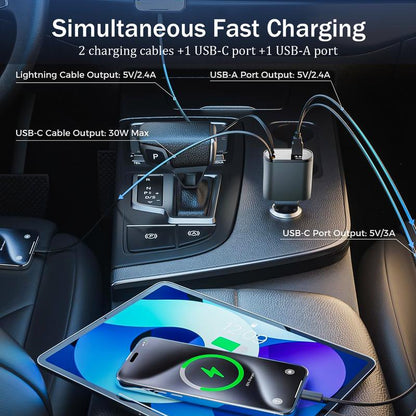 4-In-1 Retractable Car Charger, 100W USB-C Fast Adapter with Lightning Cable & Dual Ports for Iphone, Ipad, Airpods, Samsung, Google Pixel