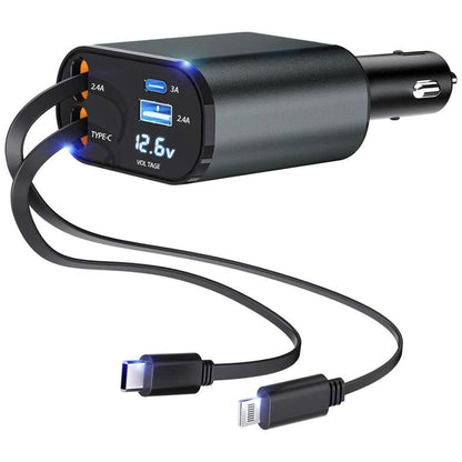 4-In-1 Retractable Car Charger, 100W USB-C Fast Adapter with Lightning Cable & Dual Ports for Iphone, Ipad, Airpods, Samsung, Google Pixel