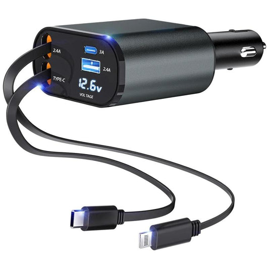 4-In-1 Retractable Car Charger, 100W USB-C Fast Adapter with Lightning Cable & Dual Ports for Iphone, Ipad, Airpods, Samsung, Google Pixel