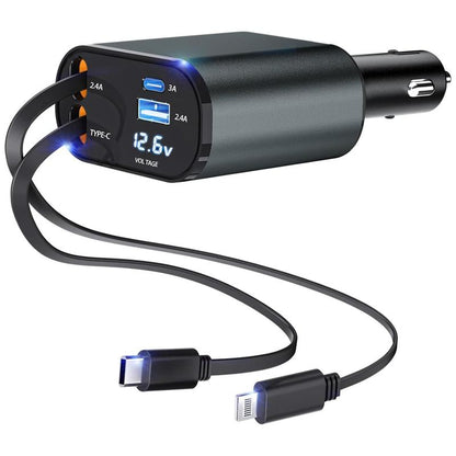 4-In-1 Retractable Car Charger, 100W USB-C Fast Adapter with Lightning Cable & Dual Ports for Iphone, Ipad, Airpods, Samsung, Google Pixel